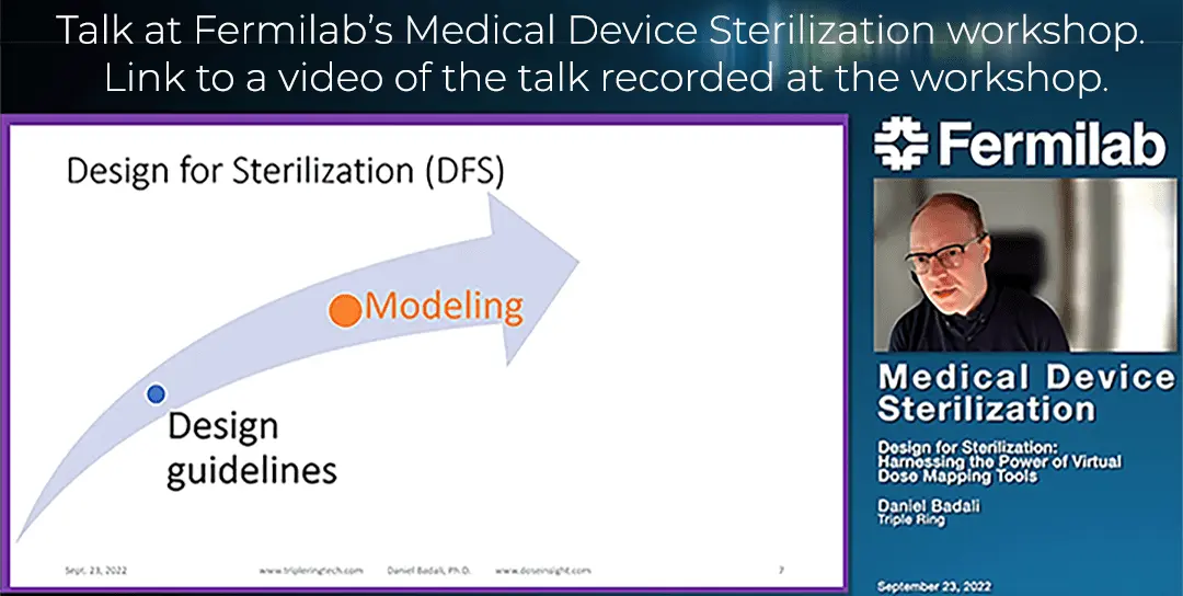 Screenshot of a presentation that Dose Insight gave about virtual dose mapping at the 2022 Fermilab Medical Device Sterilization workshop